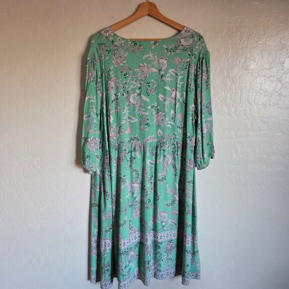 J.Jill Border Printed Flounced Hem Dress Size XL Light Garden Green Peasant Boho - Picture 8 of 12